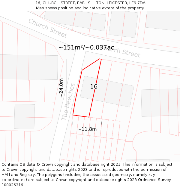 16, CHURCH STREET, EARL SHILTON, LEICESTER, LE9 7DA: Plot and title map