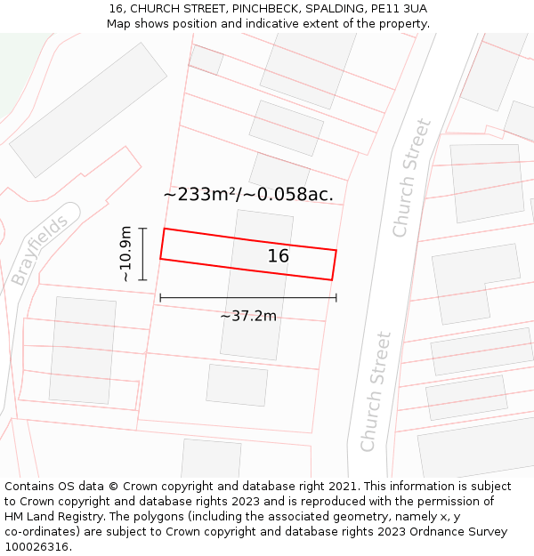 16, CHURCH STREET, PINCHBECK, SPALDING, PE11 3UA: Plot and title map