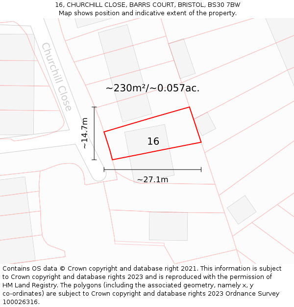 16, CHURCHILL CLOSE, BARRS COURT, BRISTOL, BS30 7BW: Plot and title map