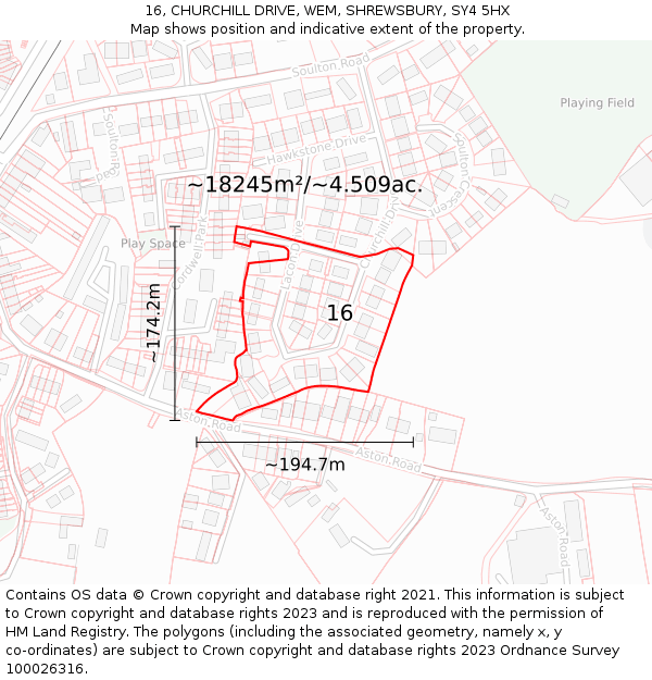 16, CHURCHILL DRIVE, WEM, SHREWSBURY, SY4 5HX: Plot and title map