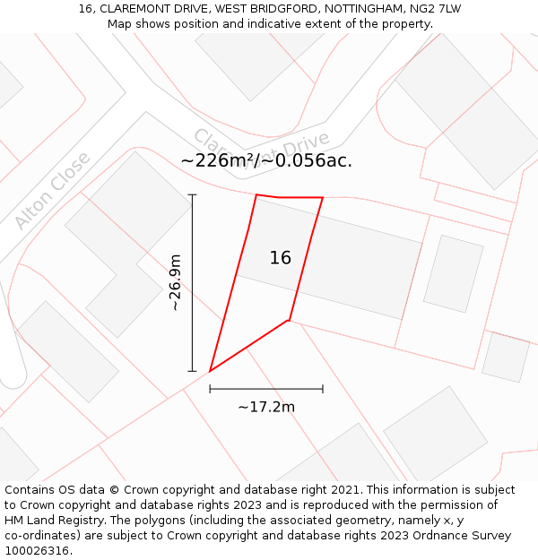 16, CLAREMONT DRIVE, WEST BRIDGFORD, NOTTINGHAM, NG2 7LW: Plot and title map