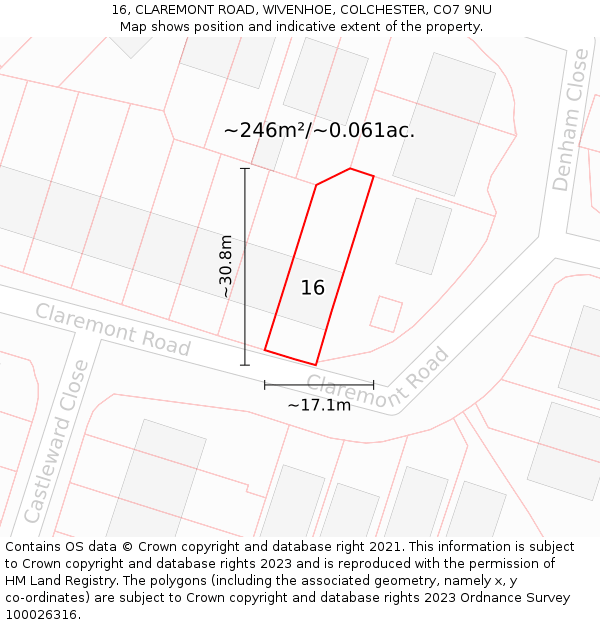 16, CLAREMONT ROAD, WIVENHOE, COLCHESTER, CO7 9NU: Plot and title map