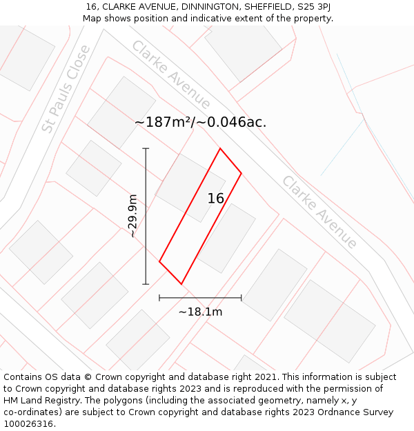 16, CLARKE AVENUE, DINNINGTON, SHEFFIELD, S25 3PJ: Plot and title map