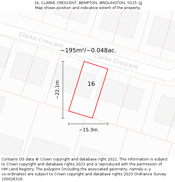 16, CLARKE CRESCENT, BEMPTON, BRIDLINGTON, YO15 1JJ: Plot and title map