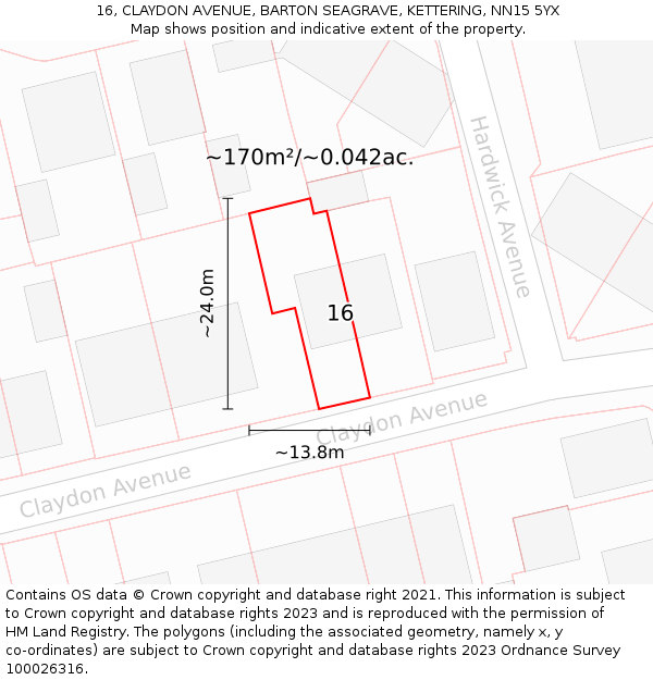 16, CLAYDON AVENUE, BARTON SEAGRAVE, KETTERING, NN15 5YX: Plot and title map