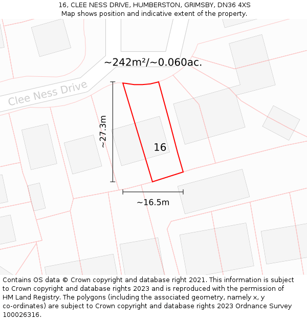 16, CLEE NESS DRIVE, HUMBERSTON, GRIMSBY, DN36 4XS: Plot and title map