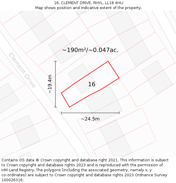 16, CLEMENT DRIVE, RHYL, LL18 4HU: Plot and title map