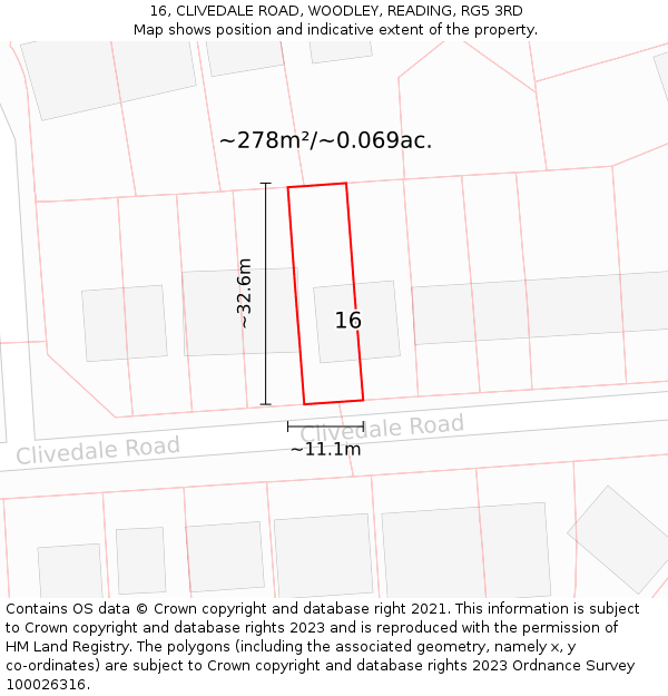 16, CLIVEDALE ROAD, WOODLEY, READING, RG5 3RD: Plot and title map
