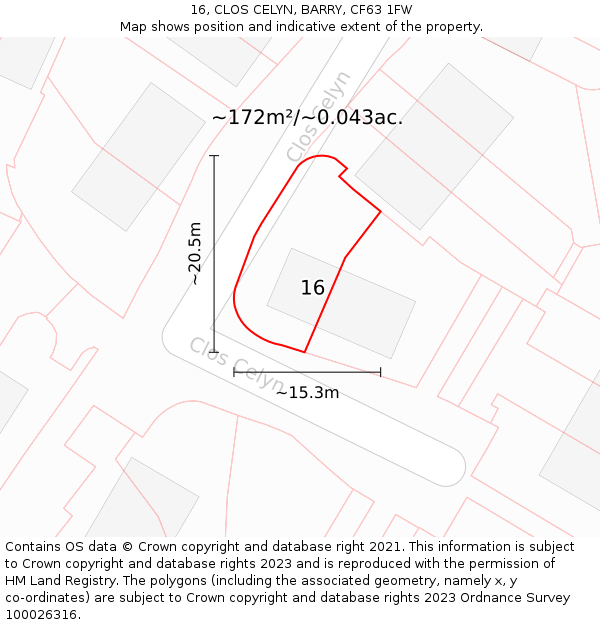 16, CLOS CELYN, BARRY, CF63 1FW: Plot and title map