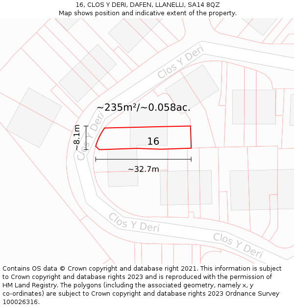 16, CLOS Y DERI, DAFEN, LLANELLI, SA14 8QZ: Plot and title map