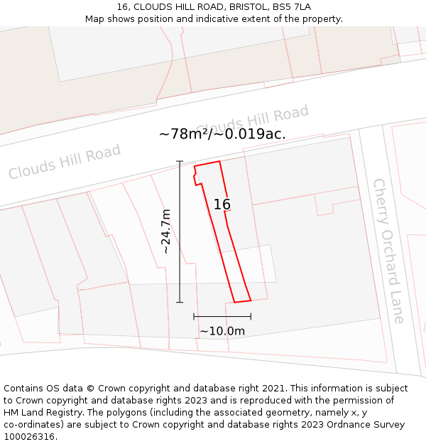 16, CLOUDS HILL ROAD, BRISTOL, BS5 7LA: Plot and title map