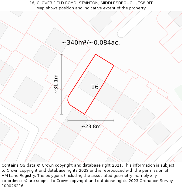 16, CLOVER FIELD ROAD, STAINTON, MIDDLESBROUGH, TS8 9FP: Plot and title map