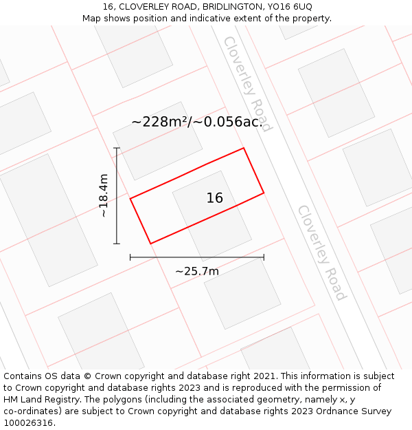 16, CLOVERLEY ROAD, BRIDLINGTON, YO16 6UQ: Plot and title map