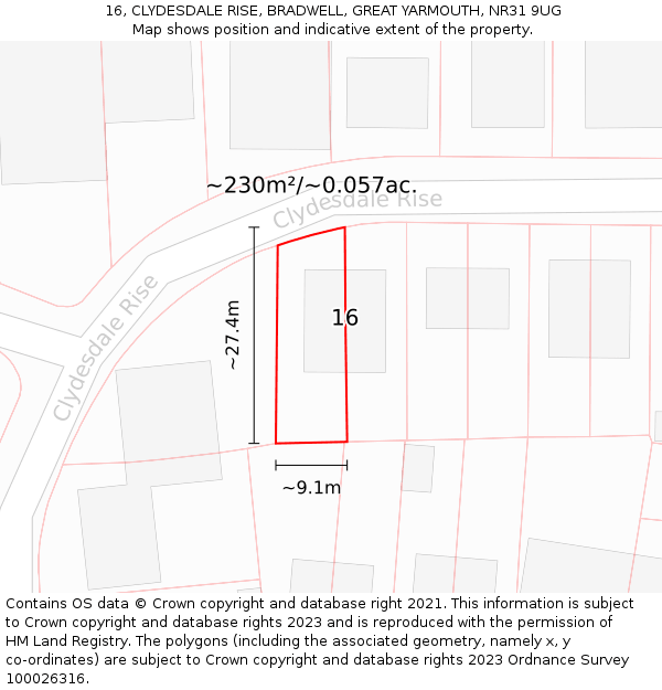 16, CLYDESDALE RISE, BRADWELL, GREAT YARMOUTH, NR31 9UG: Plot and title map