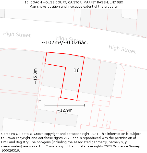 16, COACH HOUSE COURT, CAISTOR, MARKET RASEN, LN7 6BX: Plot and title map