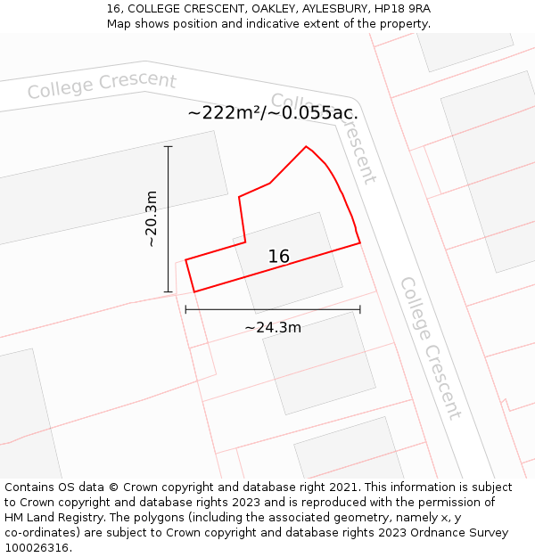 16, COLLEGE CRESCENT, OAKLEY, AYLESBURY, HP18 9RA: Plot and title map