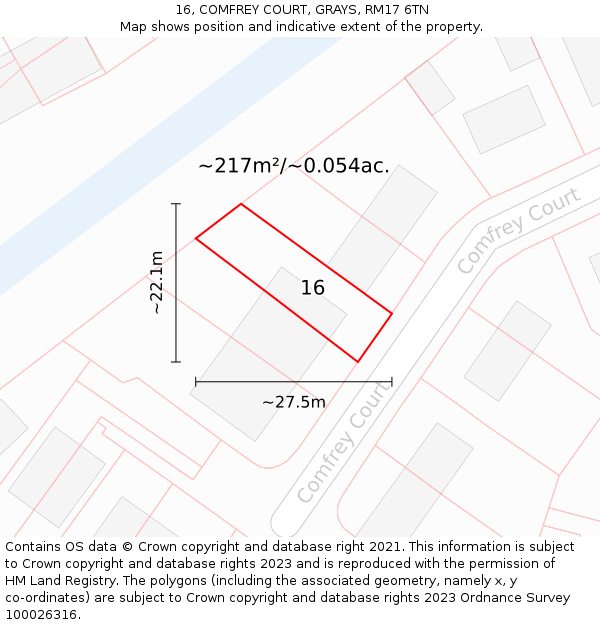 16, COMFREY COURT, GRAYS, RM17 6TN: Plot and title map