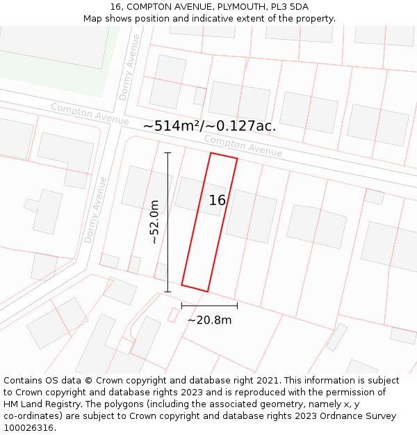 16, COMPTON AVENUE, PLYMOUTH, PL3 5DA: Plot and title map