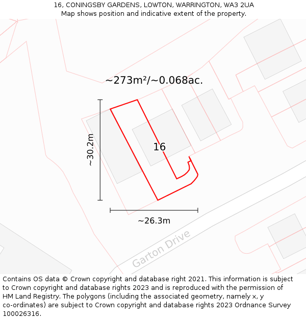 16, CONINGSBY GARDENS, LOWTON, WARRINGTON, WA3 2UA: Plot and title map