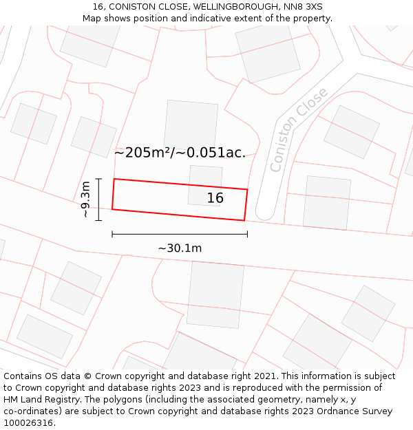 16, CONISTON CLOSE, WELLINGBOROUGH, NN8 3XS: Plot and title map