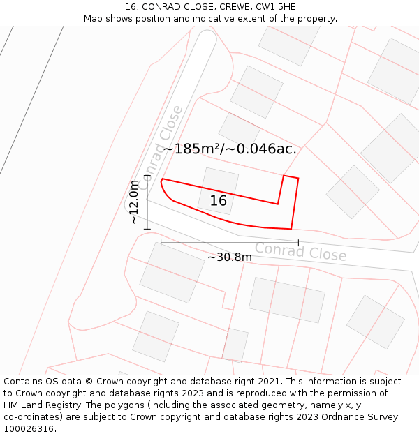 16, CONRAD CLOSE, CREWE, CW1 5HE: Plot and title map