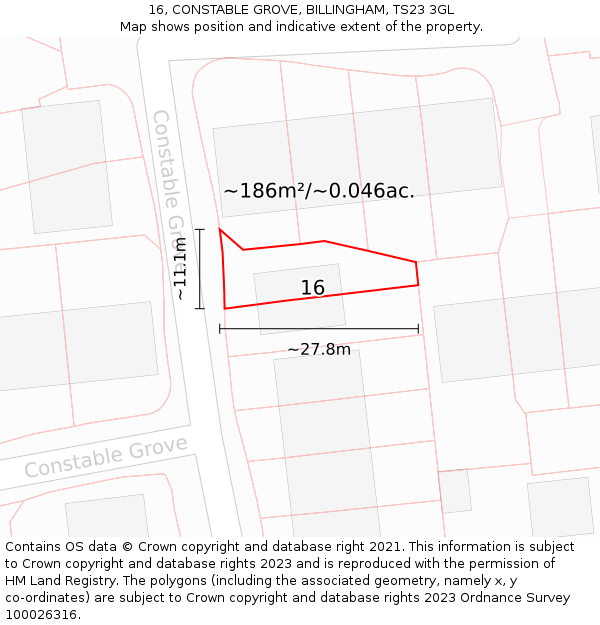 16, CONSTABLE GROVE, BILLINGHAM, TS23 3GL: Plot and title map