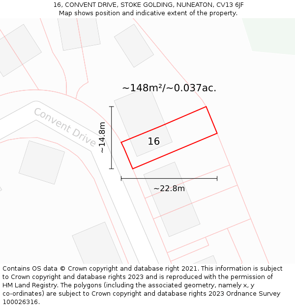 16, CONVENT DRIVE, STOKE GOLDING, NUNEATON, CV13 6JF: Plot and title map