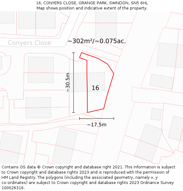 16, CONYERS CLOSE, GRANGE PARK, SWINDON, SN5 6HL: Plot and title map