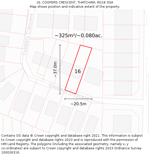 16, COOPERS CRESCENT, THATCHAM, RG18 3GA: Plot and title map