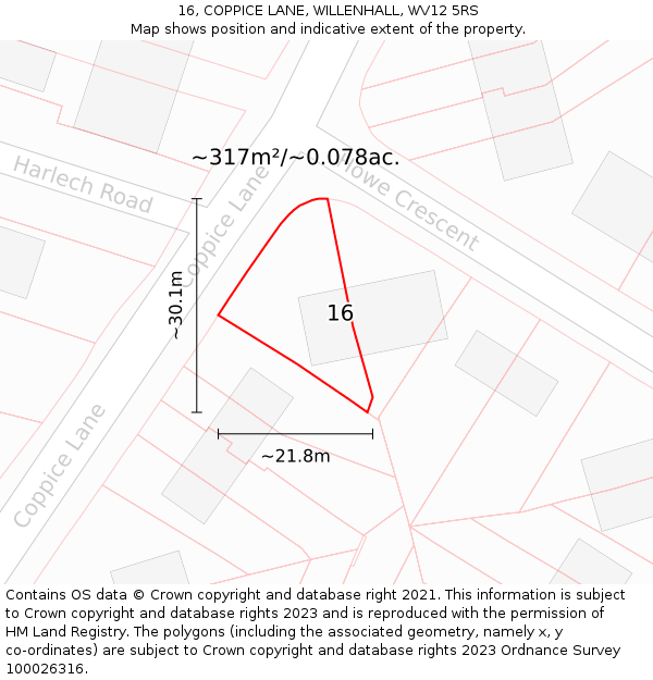 16, COPPICE LANE, WILLENHALL, WV12 5RS: Plot and title map