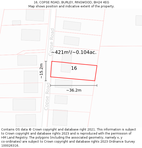 16, COPSE ROAD, BURLEY, RINGWOOD, BH24 4EG: Plot and title map