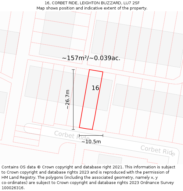 16, CORBET RIDE, LEIGHTON BUZZARD, LU7 2SF: Plot and title map