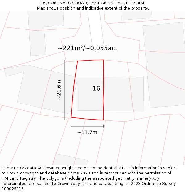 16, CORONATION ROAD, EAST GRINSTEAD, RH19 4AL: Plot and title map