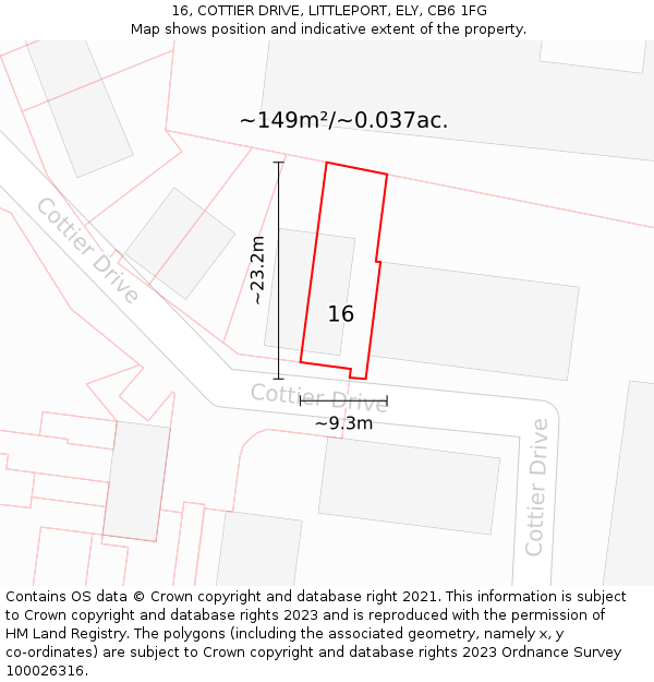 16, COTTIER DRIVE, LITTLEPORT, ELY, CB6 1FG: Plot and title map