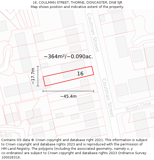 16, COULMAN STREET, THORNE, DONCASTER, DN8 5JR: Plot and title map
