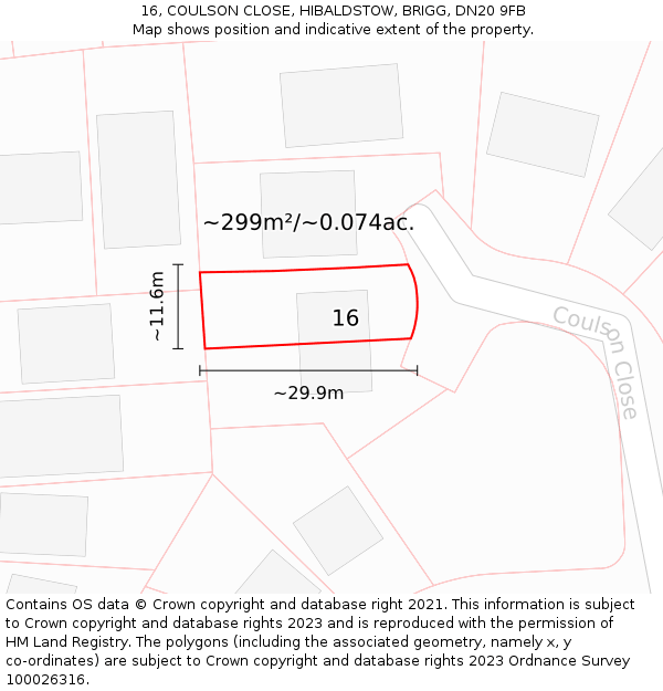 16, COULSON CLOSE, HIBALDSTOW, BRIGG, DN20 9FB: Plot and title map