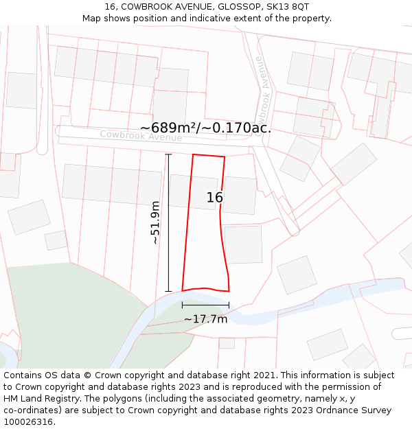 16, COWBROOK AVENUE, GLOSSOP, SK13 8QT: Plot and title map