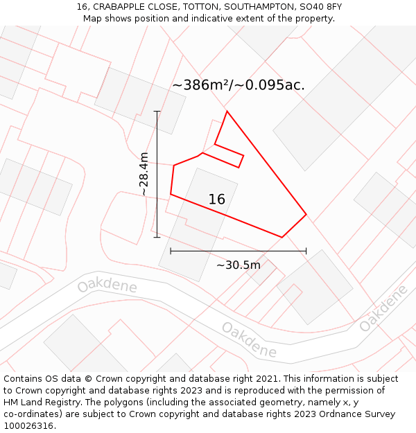 16, CRABAPPLE CLOSE, TOTTON, SOUTHAMPTON, SO40 8FY: Plot and title map