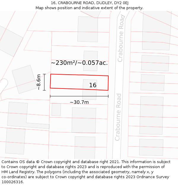 16, CRABOURNE ROAD, DUDLEY, DY2 0EJ: Plot and title map