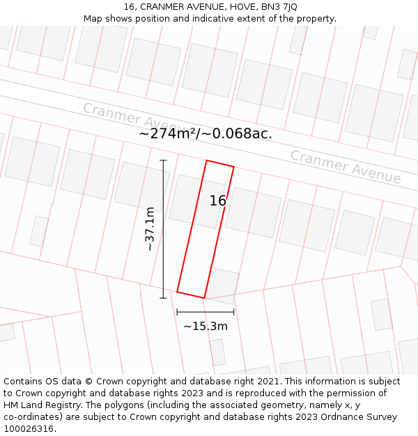 16, CRANMER AVENUE, HOVE, BN3 7JQ: Plot and title map