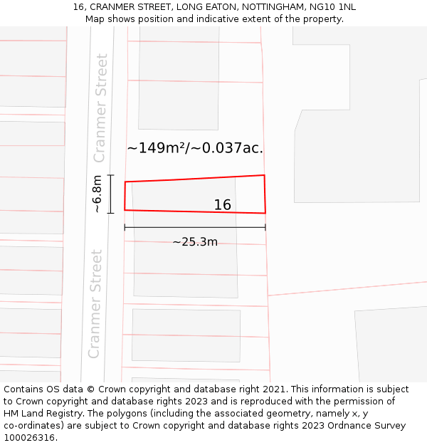 16, CRANMER STREET, LONG EATON, NOTTINGHAM, NG10 1NL: Plot and title map