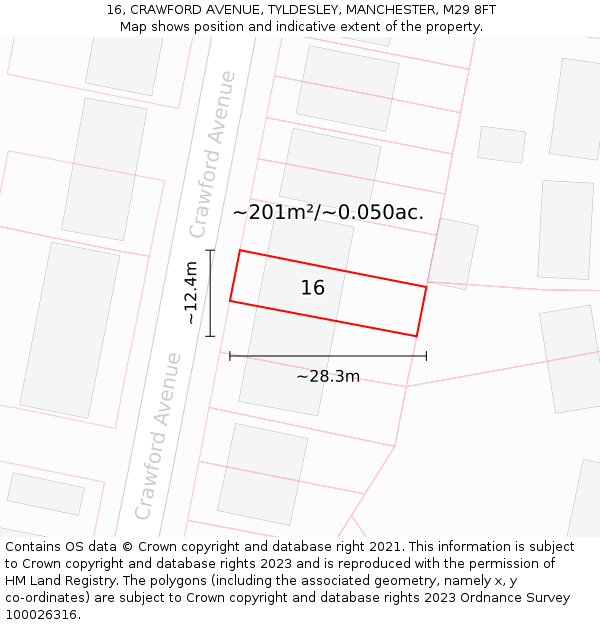 16, CRAWFORD AVENUE, TYLDESLEY, MANCHESTER, M29 8FT: Plot and title map