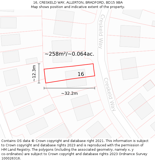 16, CRESKELD WAY, ALLERTON, BRADFORD, BD15 9BA: Plot and title map