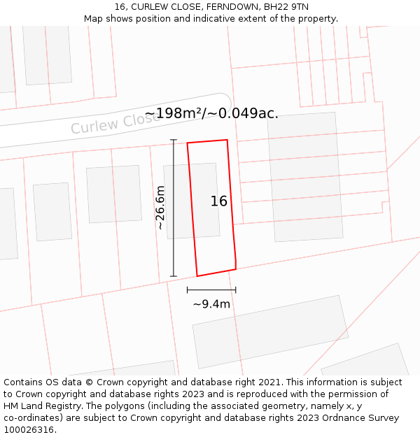 16, CURLEW CLOSE, FERNDOWN, BH22 9TN: Plot and title map