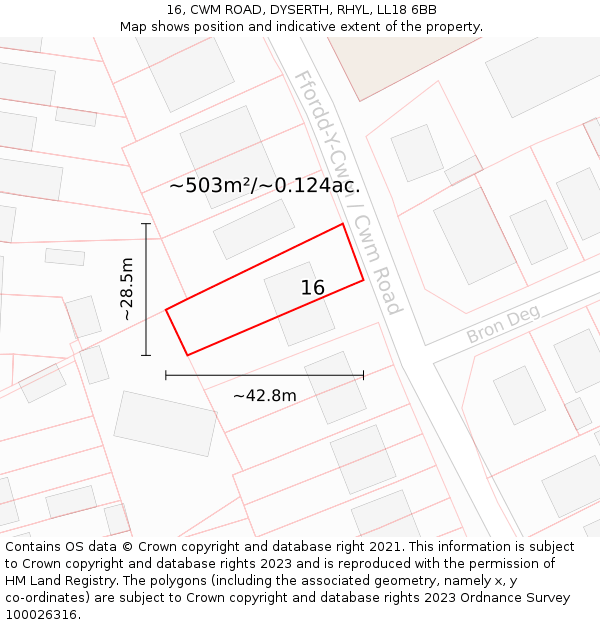 16, CWM ROAD, DYSERTH, RHYL, LL18 6BB: Plot and title map