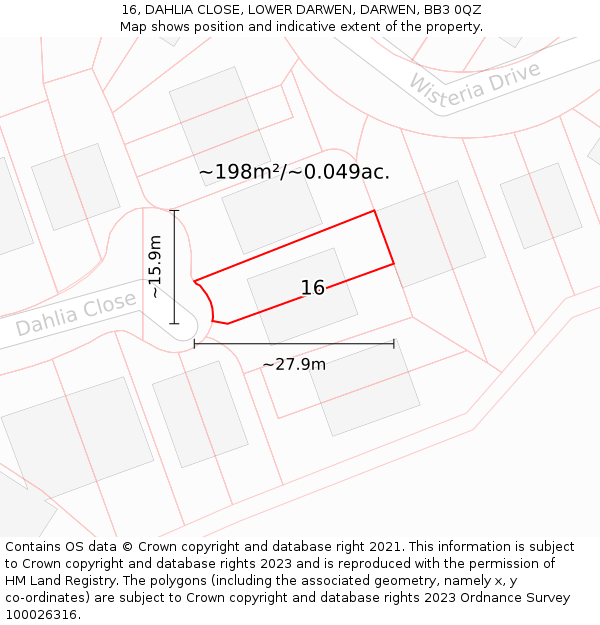 16, DAHLIA CLOSE, LOWER DARWEN, DARWEN, BB3 0QZ: Plot and title map