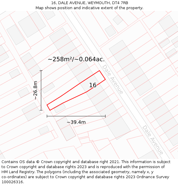 16, DALE AVENUE, WEYMOUTH, DT4 7RB: Plot and title map