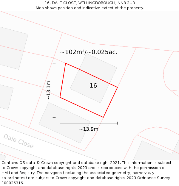 16, DALE CLOSE, WELLINGBOROUGH, NN8 3UR: Plot and title map