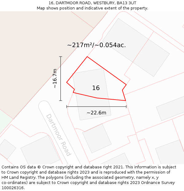 16, DARTMOOR ROAD, WESTBURY, BA13 3UT: Plot and title map