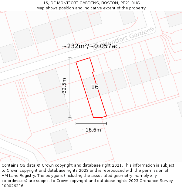 16, DE MONTFORT GARDENS, BOSTON, PE21 0HG: Plot and title map